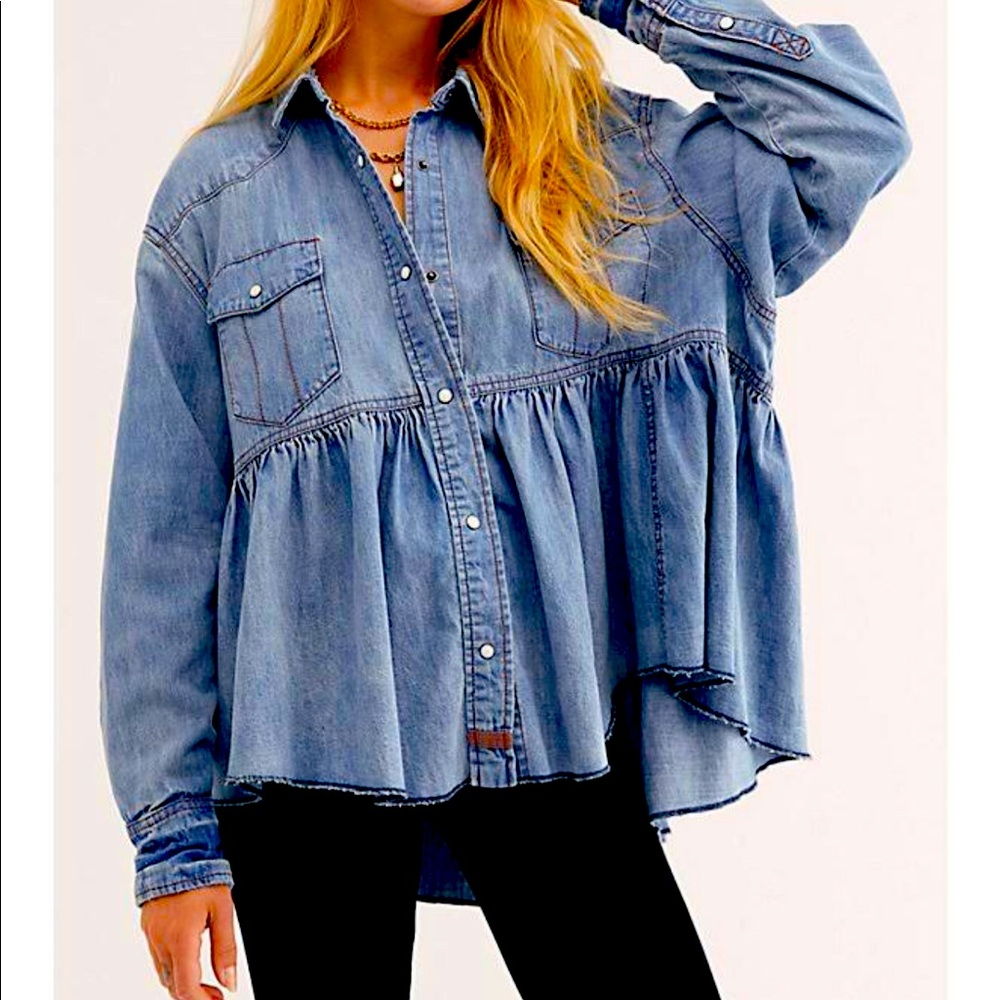 We the Free Dylan Babydoll Chambray Denim Top M